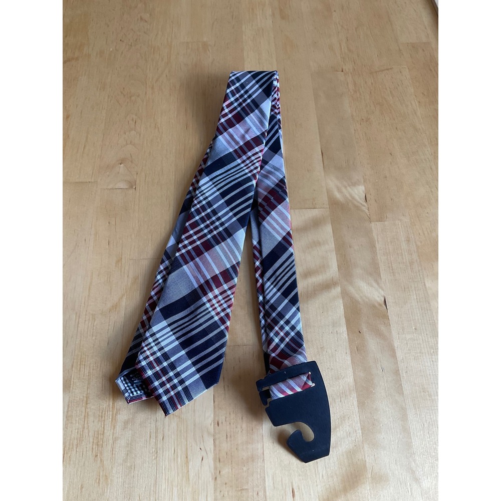 Ben Sherman Mens Silk Necktie Navy Blue Red Grey Plaid Slim Tie 2.5 Inch Width